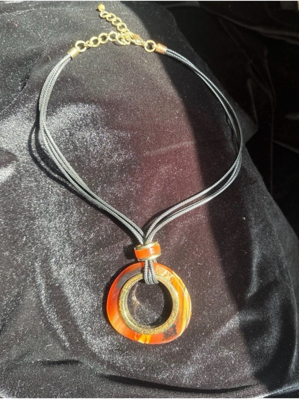 Black Cord Necklace with Amber Pendant